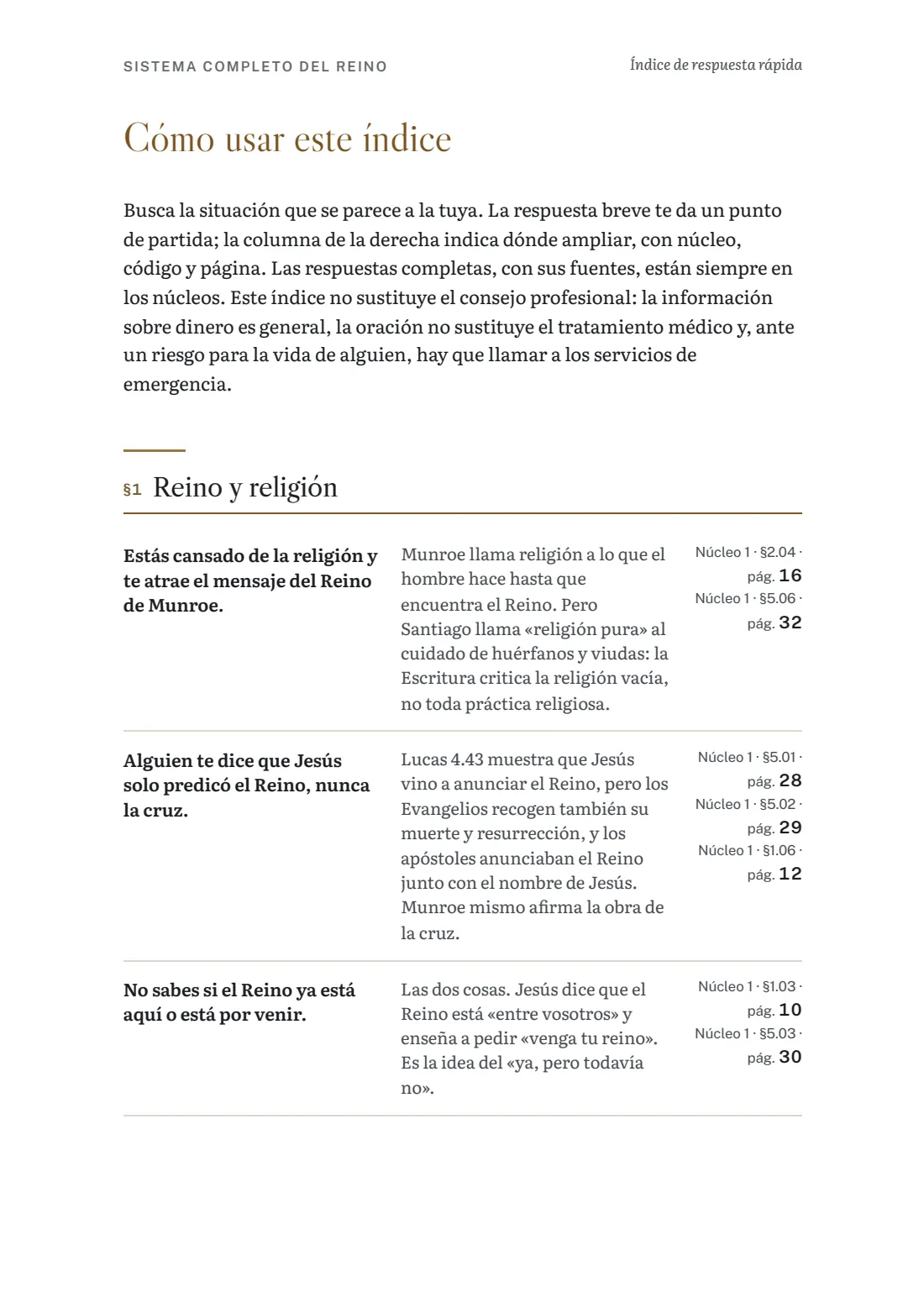 Página del índice de respuesta rápida con situaciones, respuestas y páginas