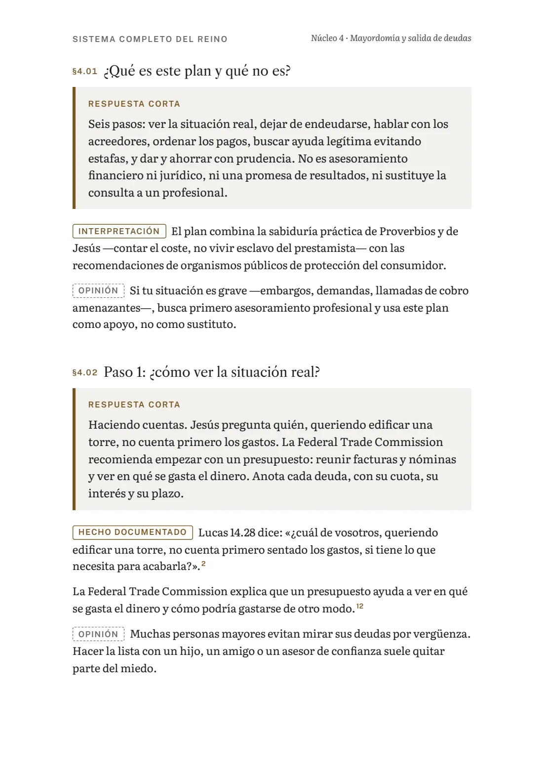 Página del núcleo 4 con el plan general de salida de deudas